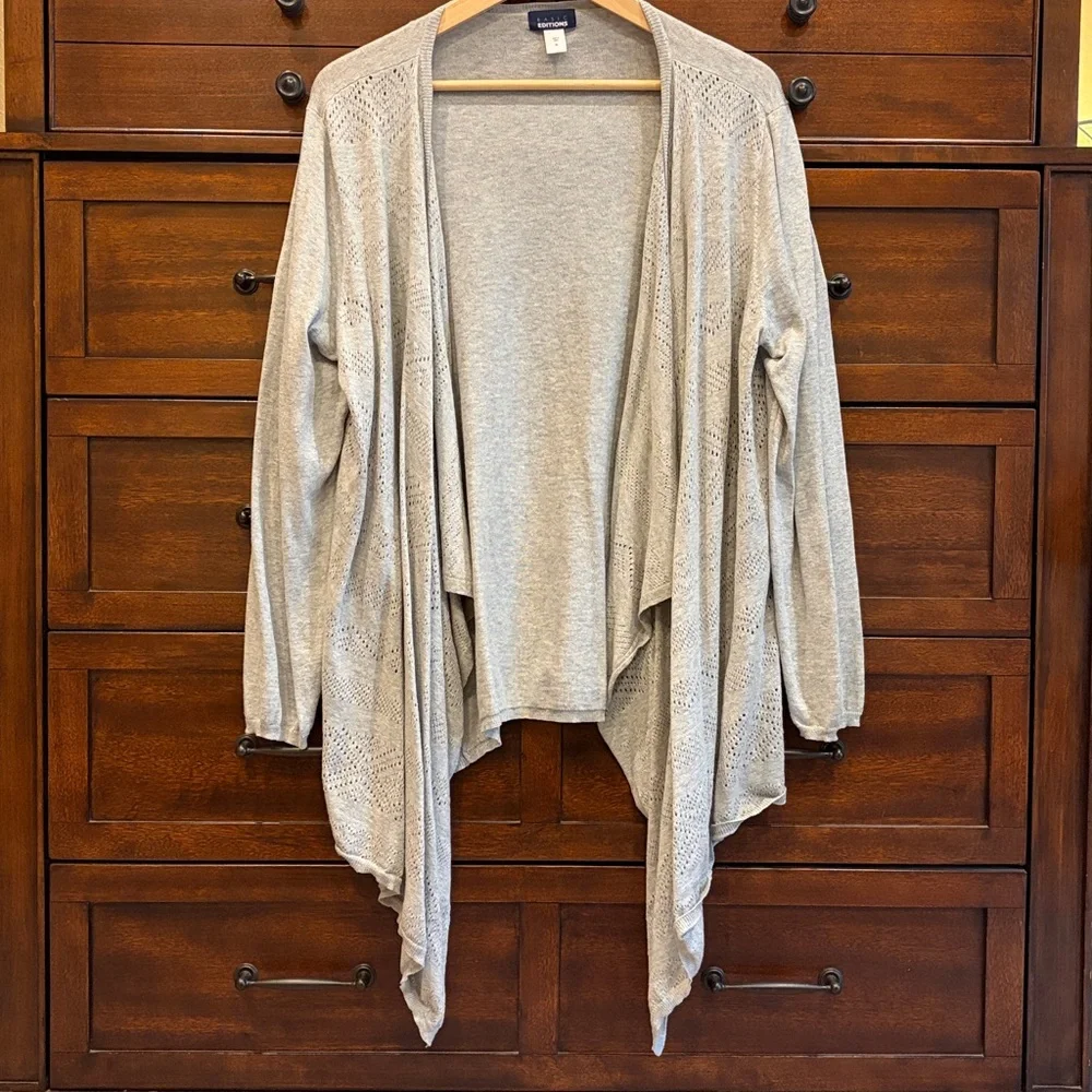 Basic Editions Womens Gray Cardigan XL Cotton Open Front Drapey Crochet Detail - Picture 8 of 9